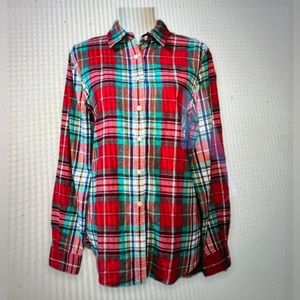 Lands' End Flannel Plaid Button Down Shirt Red Green Blue Long Sleeve Women's 16